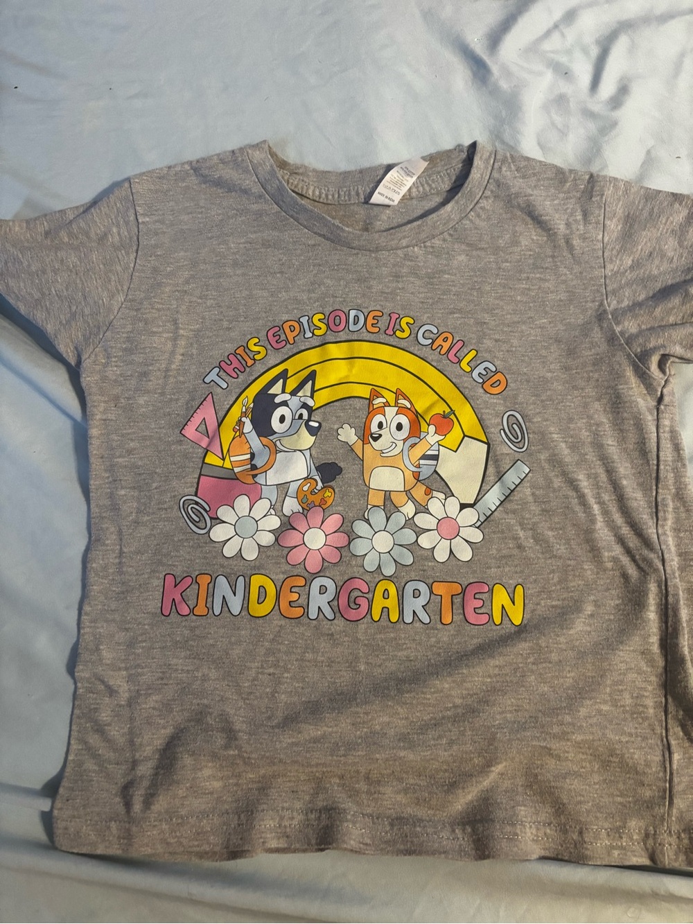 Gray 'Kindergarten' Graphic Tee with Colorful Characters